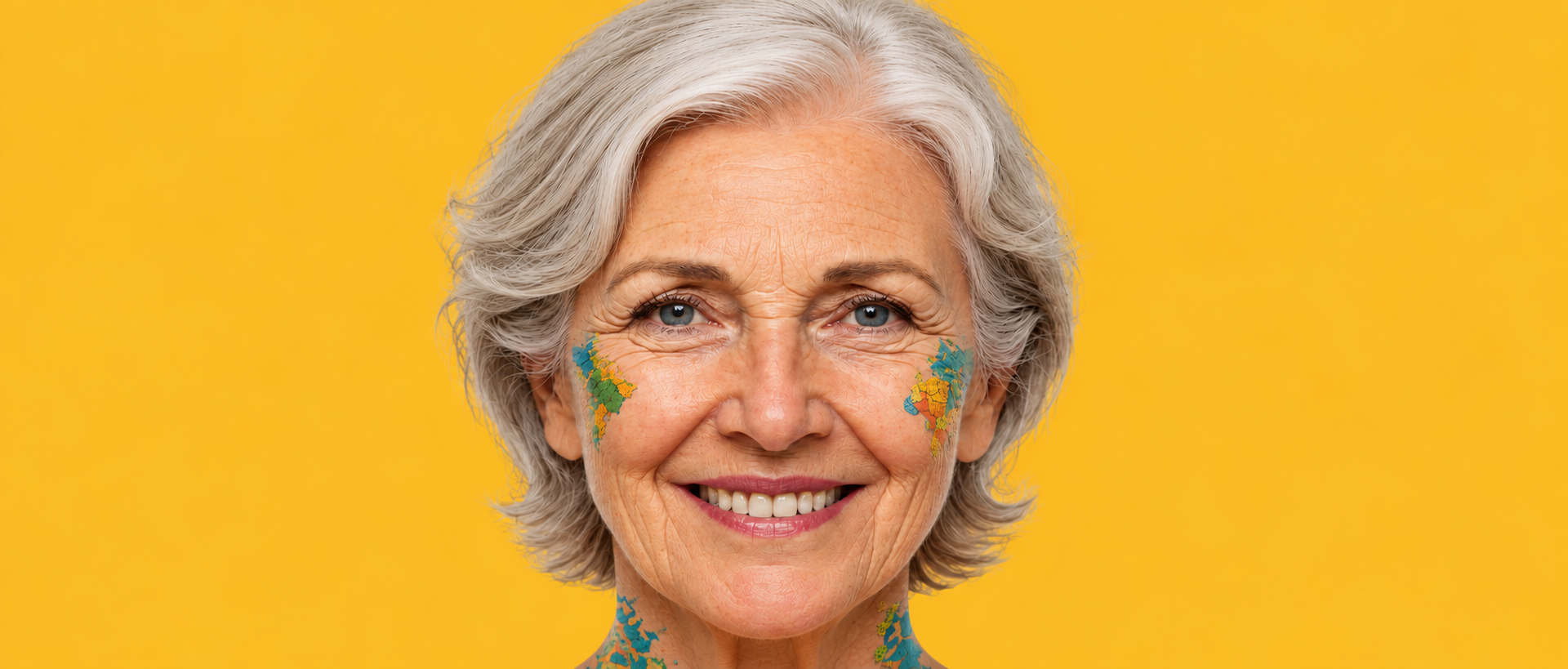 A senior leader with silver hair, smiling, with world-map accents painted on her face