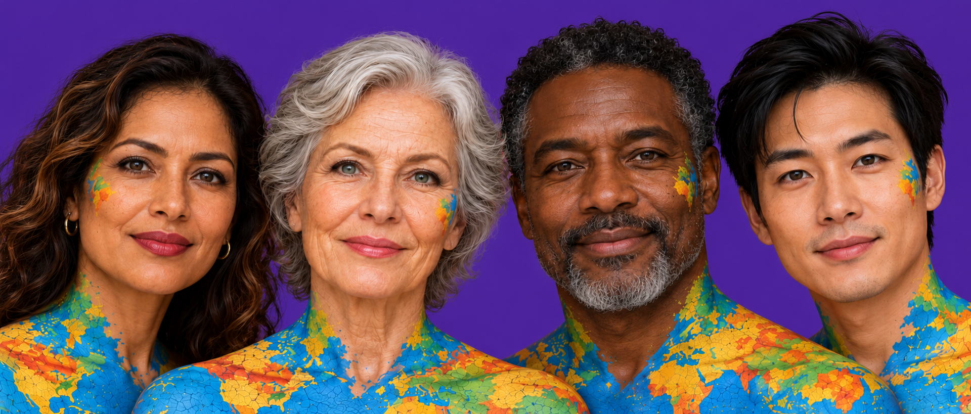Three people of different ages and backgrounds, with world-map accents painted on their faces