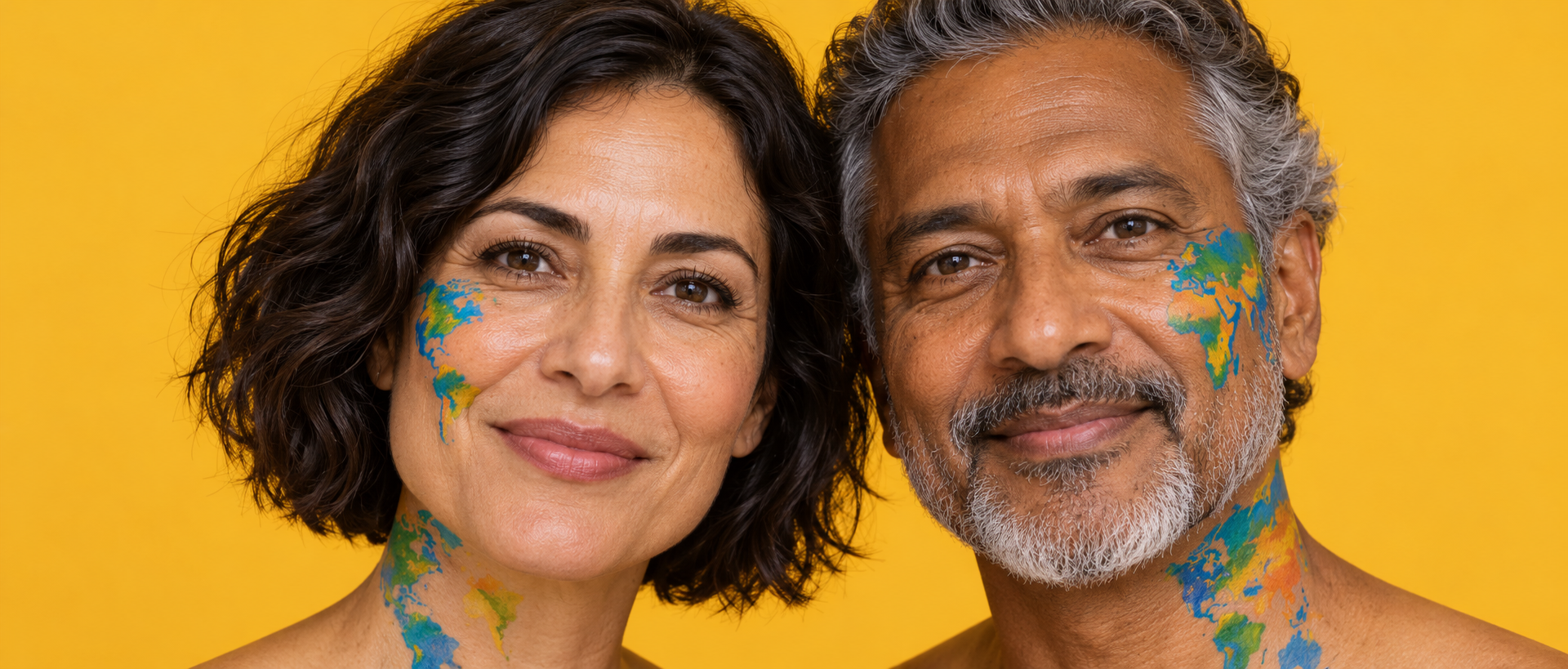 Two RxVP Voices, a woman and a man, smiling, with world maps painted on their faces and necks