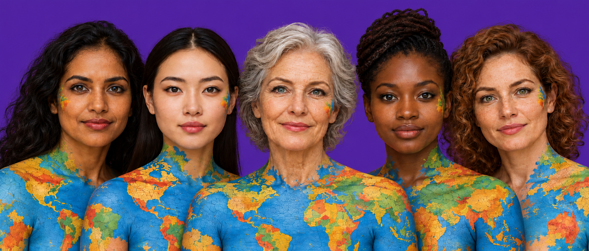 Four RxVP Voices of different ages and backgrounds, smiling, with world maps painted on their skin